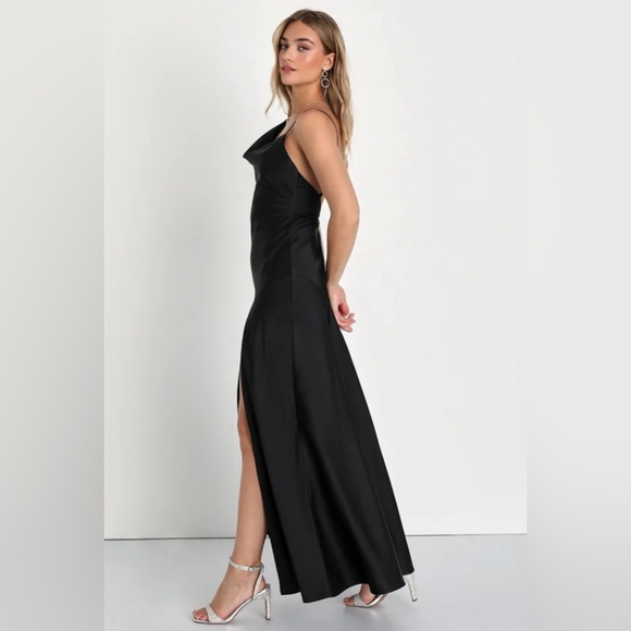 Lulu’s Black Satin Asymmetrical Maxi Dress - Picture 3 of 6